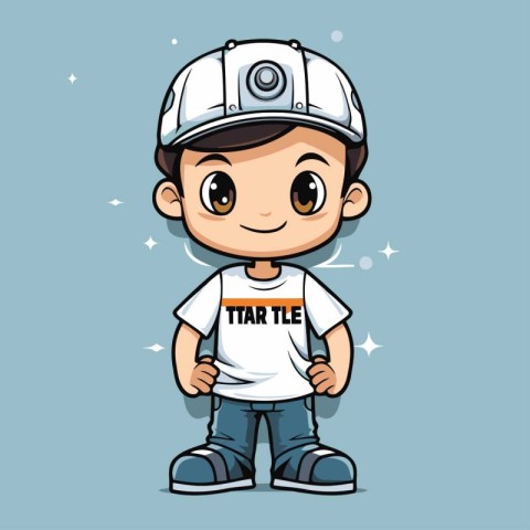 Cute little boy in a helmet and t-shirt. Vector illustration.