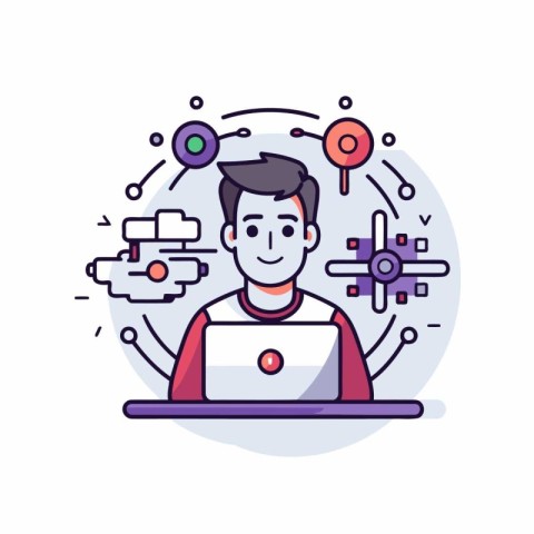 Man working on laptop. Modern technology concept. Vector illustr