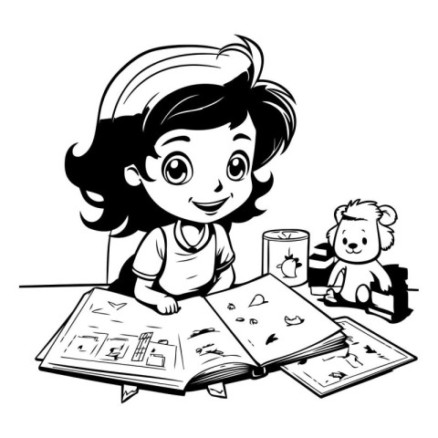 Illustration of a Little Girl Reading a Book - Coloring Book