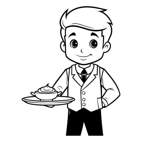 Cute waiter holding a plate with a cake cartoon vector illustrat