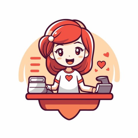 Cute little girl working on the computer. Cartoon vector illustr