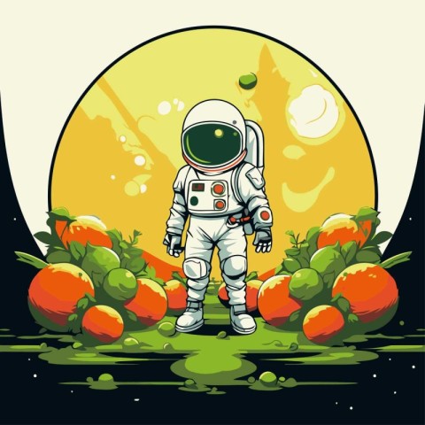 Astronaut in the space with a lot of vegetables. Vector illustra