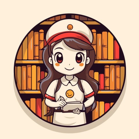 Cute little girl cartoon character in a library. Vector illustra