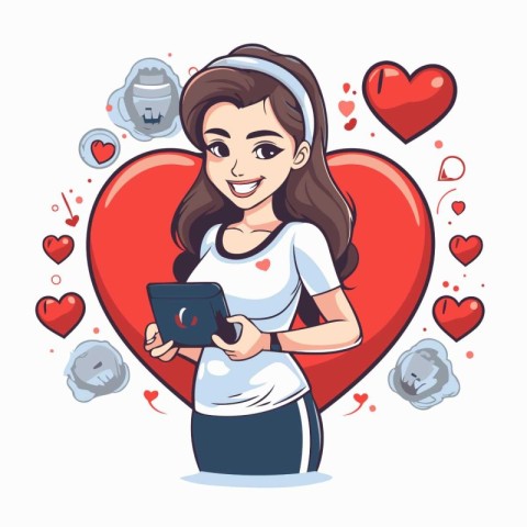 Beautiful nurse with a tablet and hearts around. Vector illustra