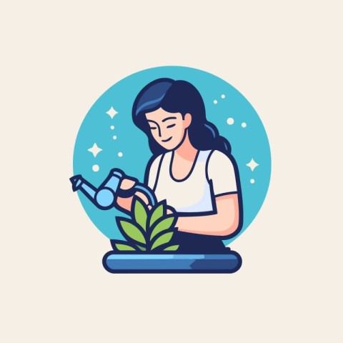 Girl watering plants in the garden. Vector illustration in flat