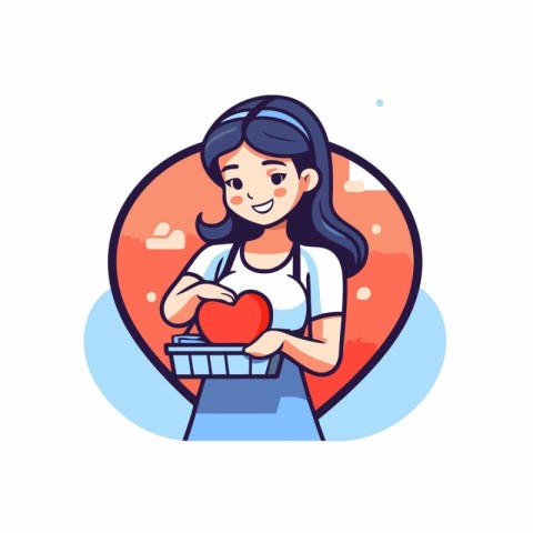 Woman holding a heart in her hands. Vector illustration in carto