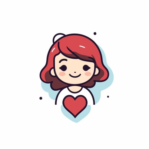 Cute cartoon girl with red hair and heart. vector illustration.