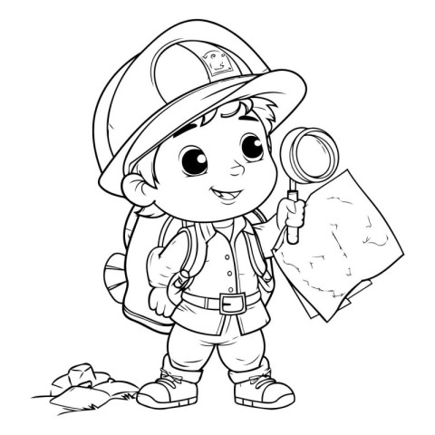 Coloring Page Outline Of cartoon explorer boy with map and magni