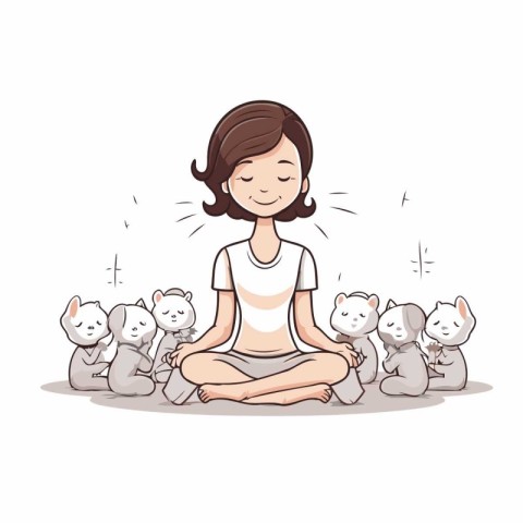 Vector illustration of a girl meditating with her cats on white