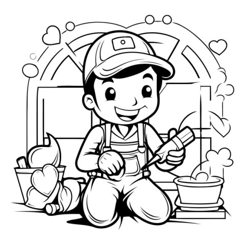 Black and White Cartoon Illustration of Kid Boy Gardener Charact