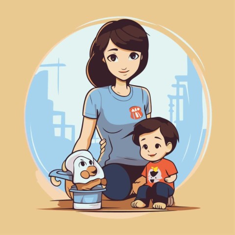 Mother and son playing with dog in the city. Vector illustration