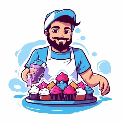 Hipster chef with cupcakes and ice cream. Vector illustration.
