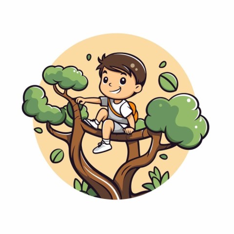 Cute little boy climbing a tree. Vector illustration in cartoon