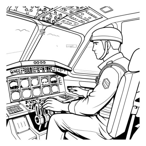 Pilot in the cockpit of the plane. Black and white vector illust