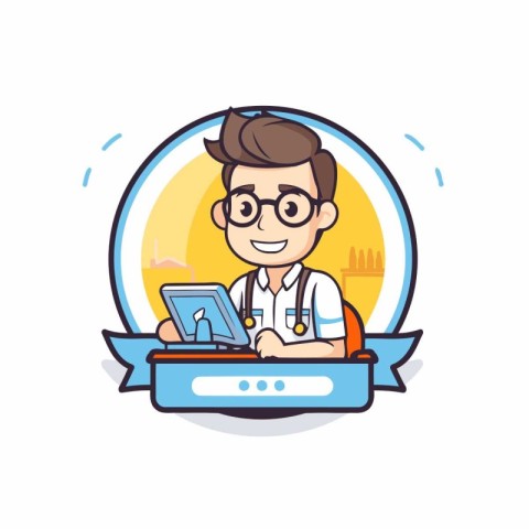 Vector illustration of young man doctor with tablet computer. Fl