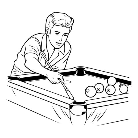 Young man playing billiards. black and white vector illustration