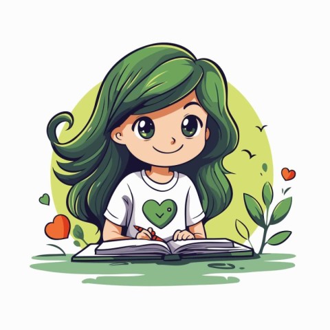 Cute little girl reading a book in the park. Vector illustration