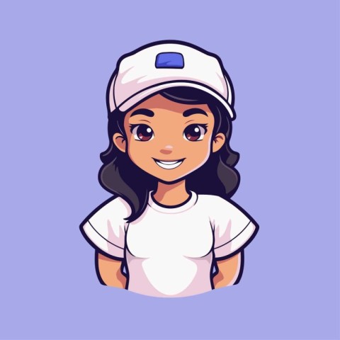 Cute cartoon girl in baseball cap and t-shirt. Vector illustrati