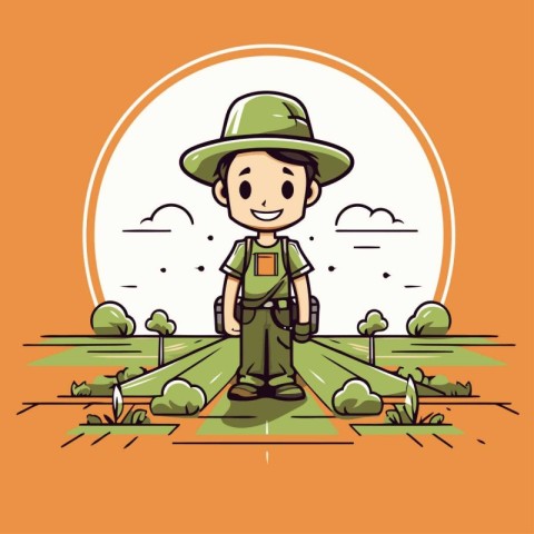 Boy scout with binoculars in the park. Vector illustration.