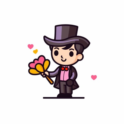 Cute boy with bow tie and hat holding a flower. Vector illustrat