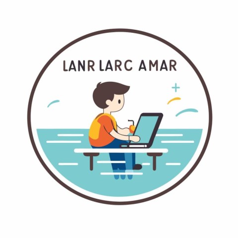 Laptop and man sitting on the beach. Flat style vector illustrat