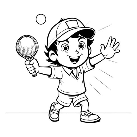 Black and White Cartoon Illustration of Little Boy Playing Tenni