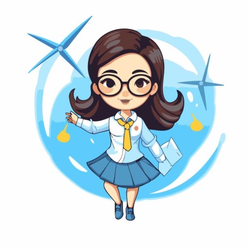 Cute little schoolgirl in school uniform with wind turbine. Vect