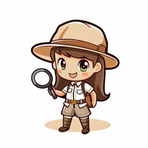 Cute safari girl with magnifying glass. Vector illustration.