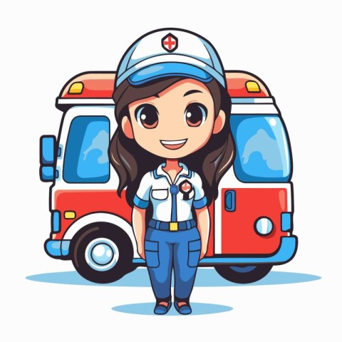 Cute little police girl in uniform standing near ambulance car.