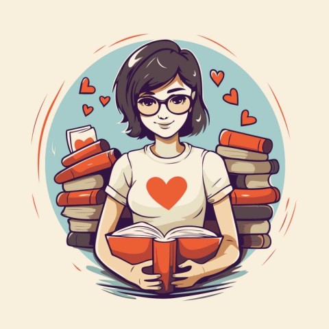 Vector illustration of a girl reading a book with a red heart.