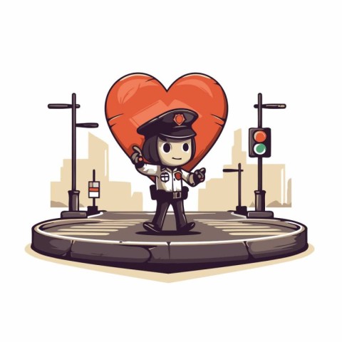 Cartoon policeman with a heart in the city. Vector illustration.