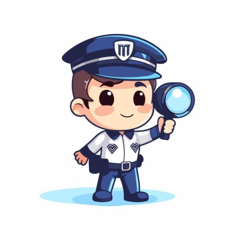 Policeman holding a magnifying glass. Cute cartoon vector illust