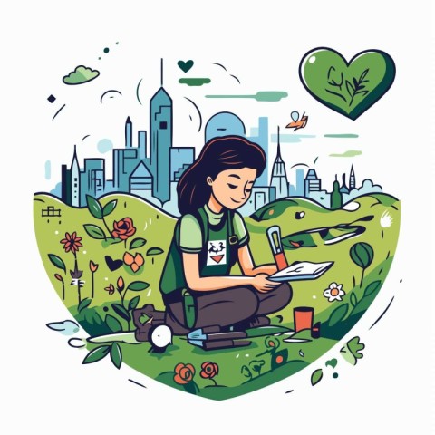 Vector illustration of a girl sitting on the grass and reading a