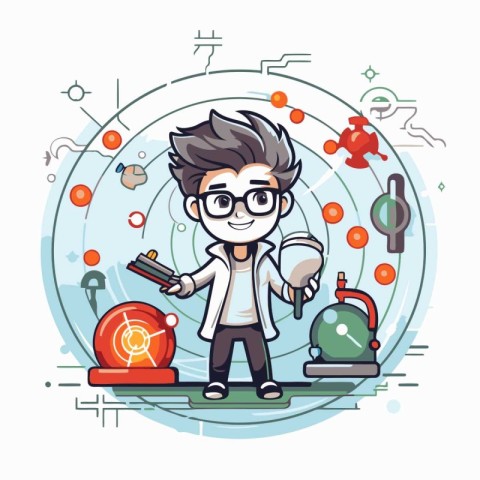 Cute schoolboy in glasses with a globe. Vector illustration.