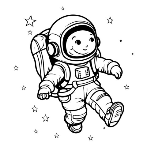 Astronaut flying in space. Black and white vector illustration.