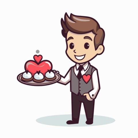 Waiter holding tray with valentine's day dessert - Vector