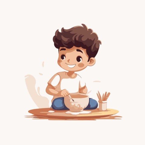 Cute little boy playing pottery. Vector illustration in cartoon