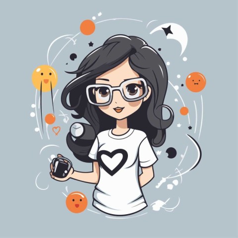 Cute hipster girl with headphones and dumbbells. Vector illustra