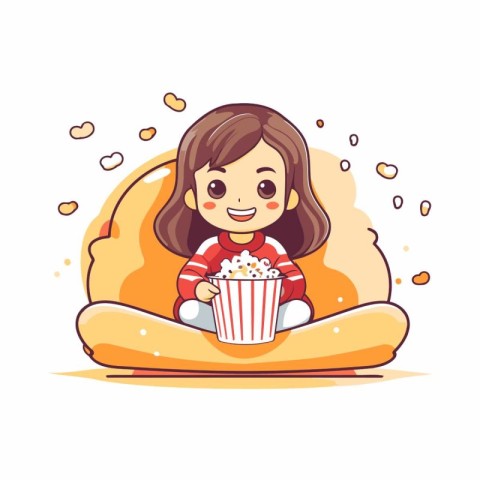 Cute cartoon girl sitting on sofa and eating popcorn. Vector ill