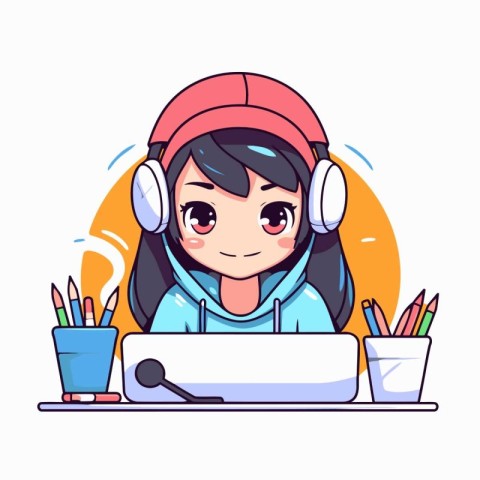 Cute little girl with headphones using computer at home. Vector