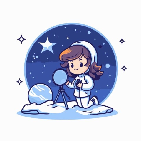 Cute little girl with telescope and starry sky. Vector illustrat