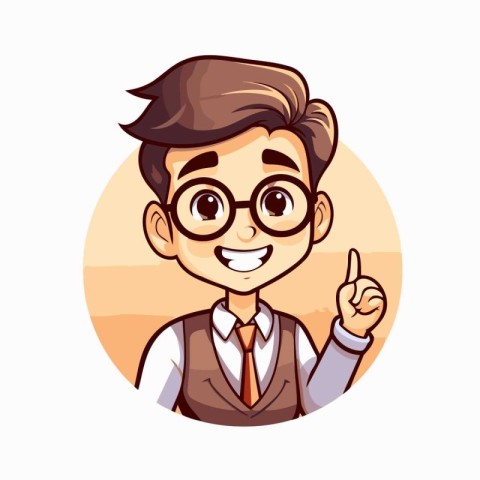 Vector illustration of a boy in a business suit and glasses poin