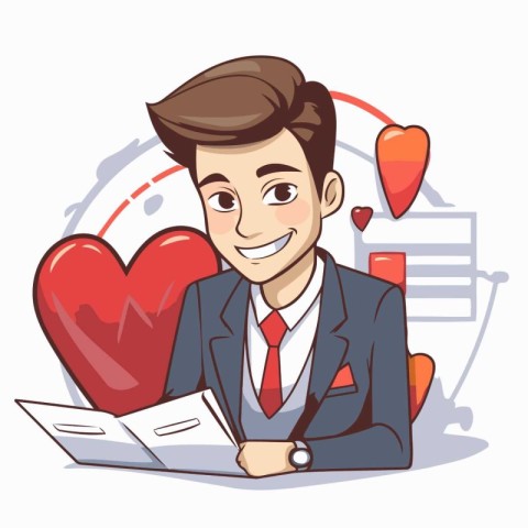 Businessman with heart and documents. Vector illustration in car