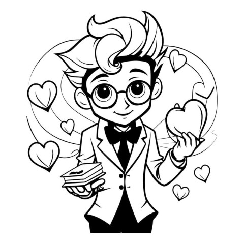 Black and White Cartoon Illustration of a Man Holding a Cupcake