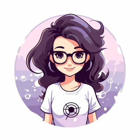 Cute cartoon girl with long hair and glasses. Vector illustratio