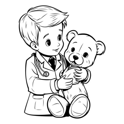 Vector illustration of a boy playing doctor with a teddy bear.