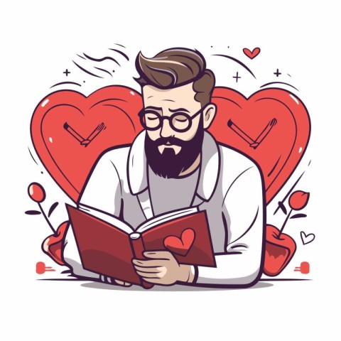 Vector illustration of a male doctor reading a book with red hea