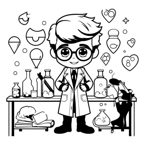 Vector illustration of a boy in a lab coat and glasses. Black an