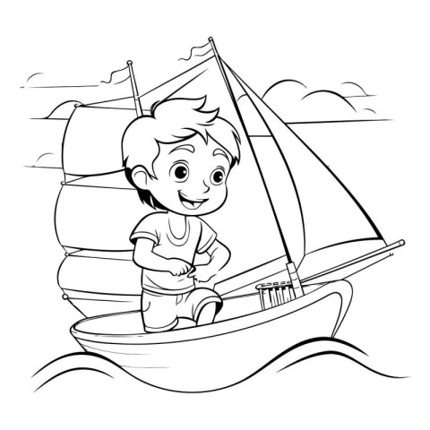 Boy on a sailboat. Black and white illustration for coloring boo