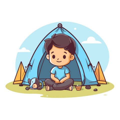 Cute boy sitting in the tent. Vector illustration in cartoon sty